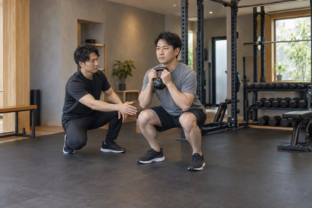 ケトルベルを持ってスクワットをする日本人男性と指導者のイメージ